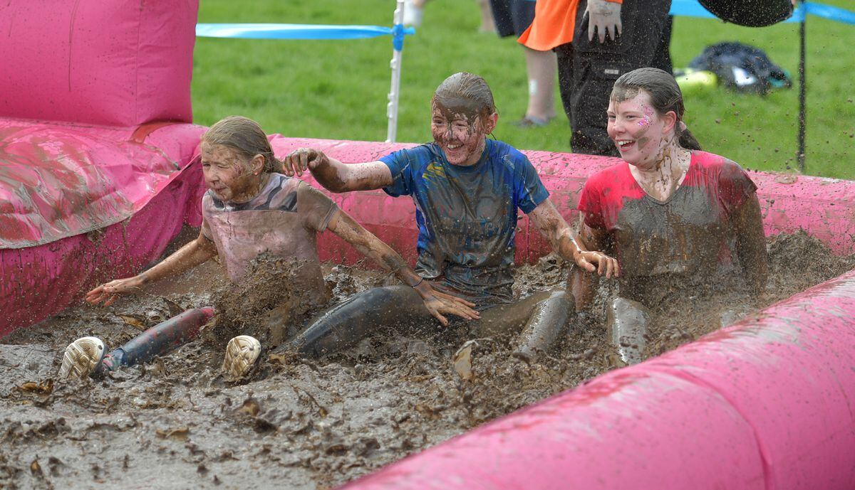 Landing in the pool of mud at the end of the course