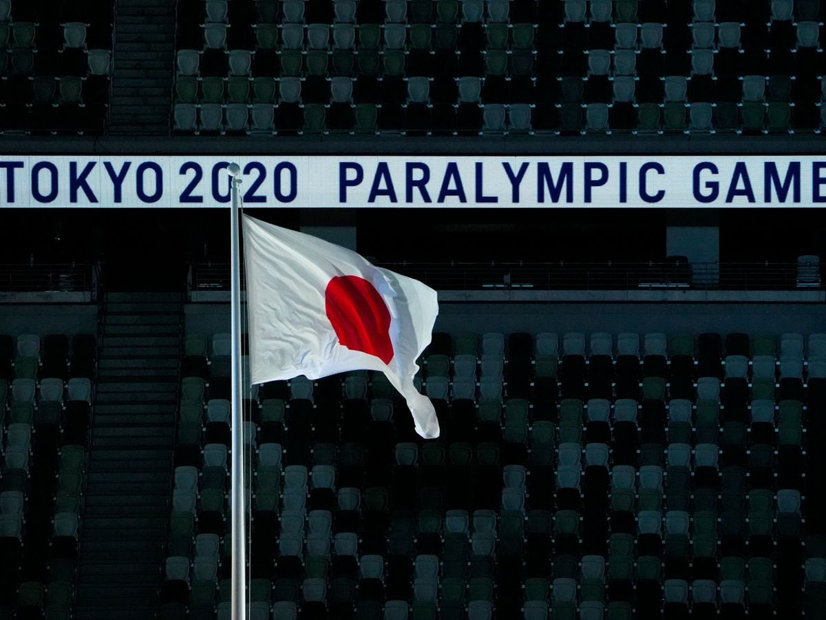 The Japanese flag flies during the opening ceremony for the 2020 Paralympics