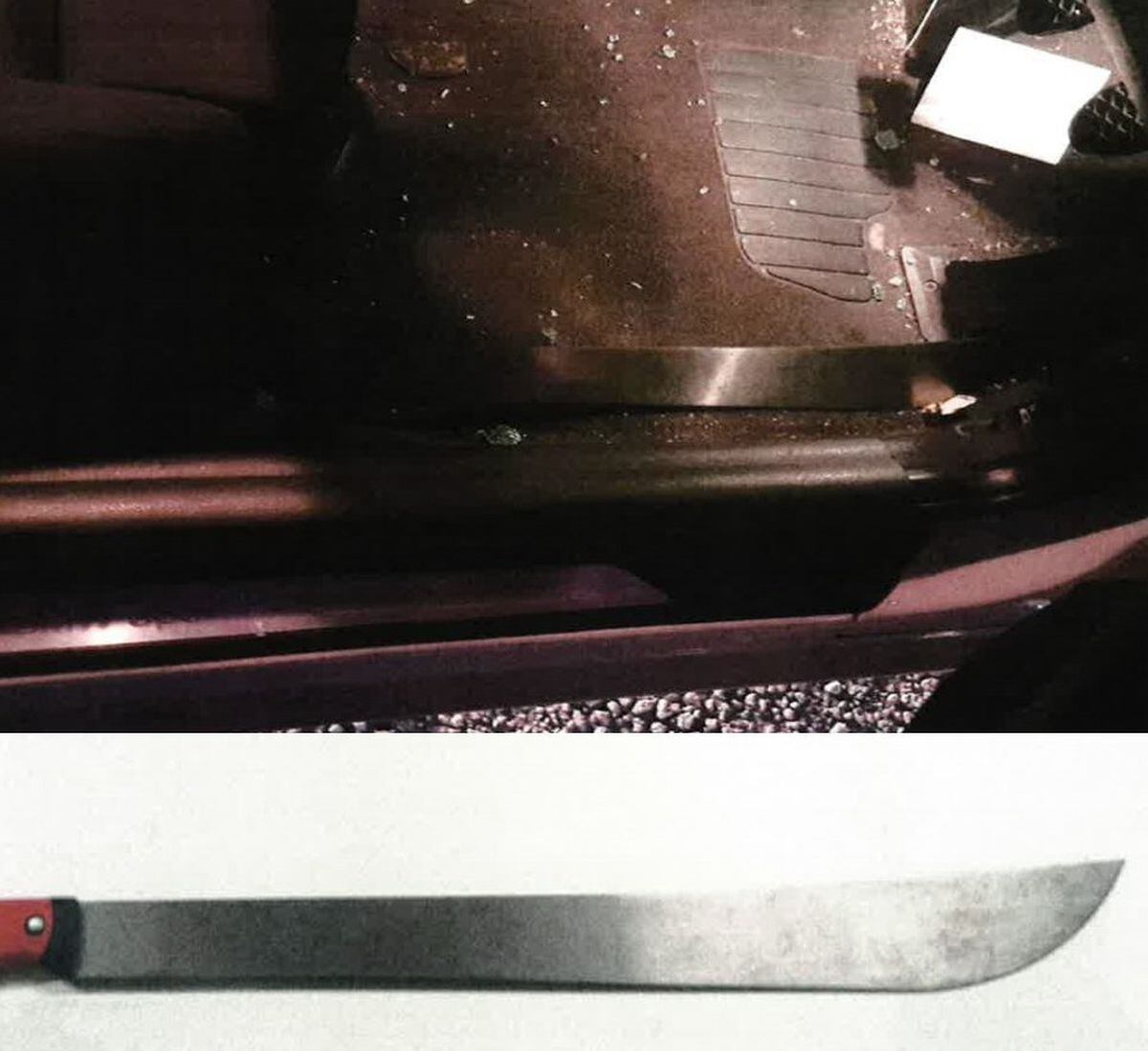 The machete seized from Brown and (top) where police found it in his car