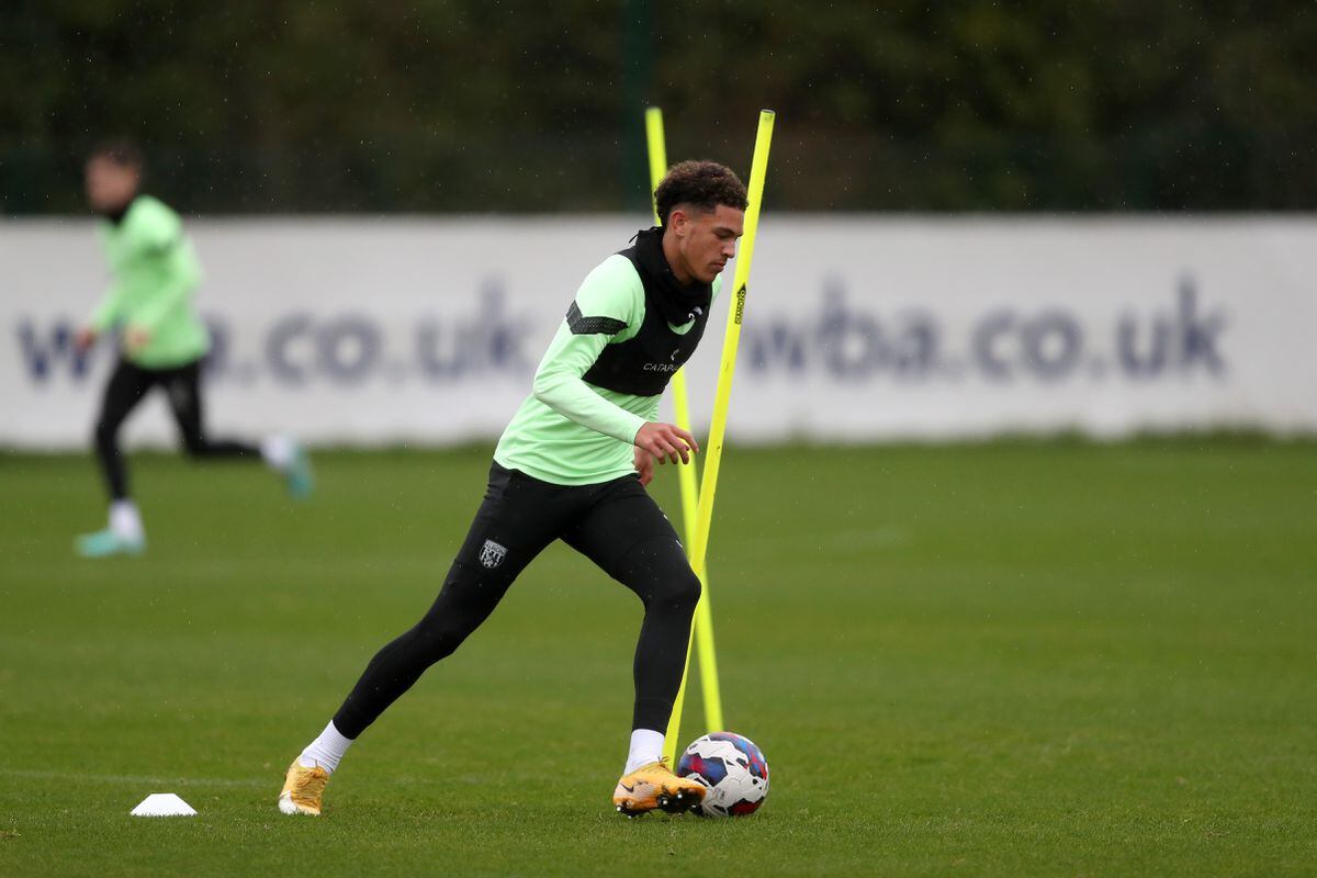 Ethan Ingram during training on Monday (Photo by Adam Fradgley/West Bromwich Albion FC via Getty Images).