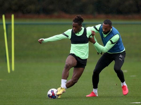 Brandon Thomas-Asante of West Bromwich Albion and Kyle Bartley of West Bromwich Albion at West Bromwich Albion Training Ground on November 21, 2022 in Walsall, England. (Photo by Adam Fradgley/West Bromwich Albion FC via Getty Images).