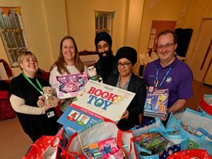 Councillor Parbinder Kaur, Kelly Bird, New Beginnings CEO Carrie Pearson, Harsimrat Singh and Peter Spence with toys