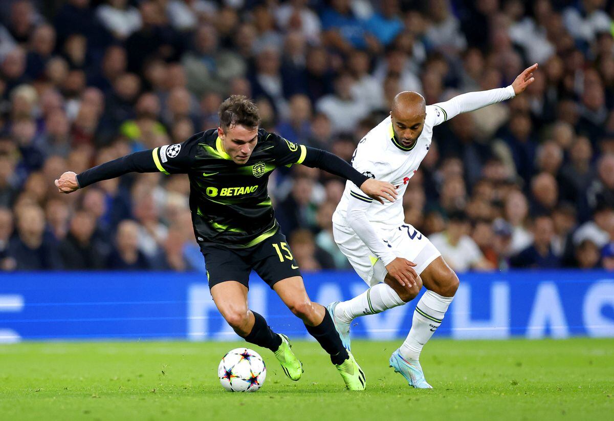 Tottenham Hotspur's Lucas Moura and Sporting Lisbon's Manuel Ugarte battle for the ball during a UEFA Champions League match in October