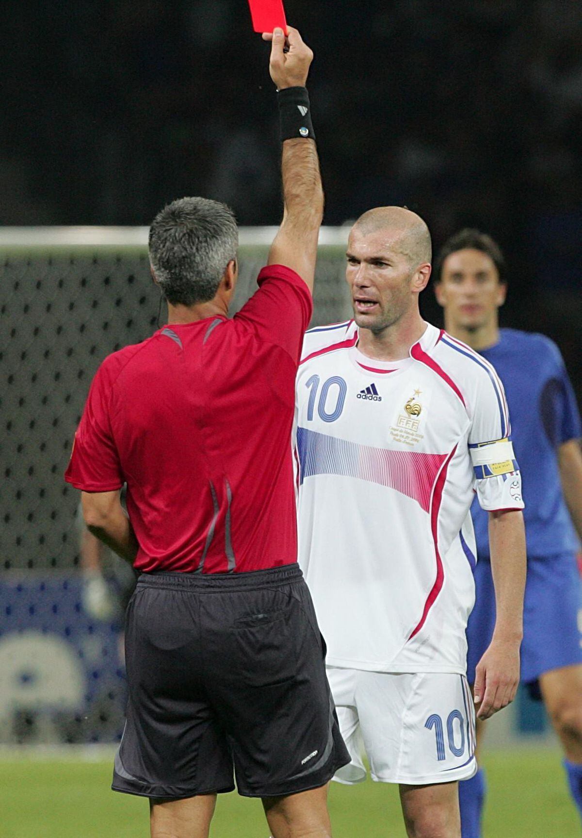 Referee Horacio Marcelo Elizondo sends off France's Zinedine Zidane in the final