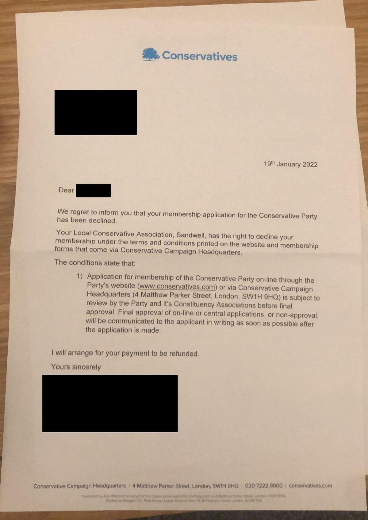 A Conservative party membership rejection letter from an Asian individual sourced by the Local Democracy Reporting Service. Copyright Rhi Storer. 
