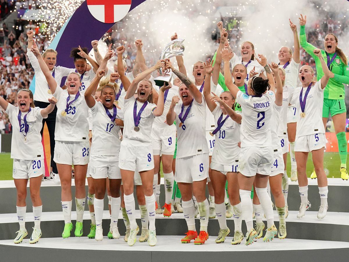 England's Lionesses lift the Euro 2022 trophy at Wembley