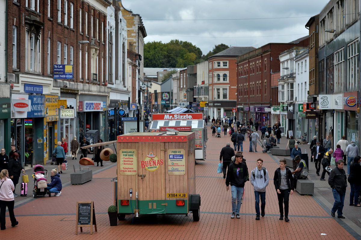 Street traders including fast food outlets in Park Street in Walsall town c...
