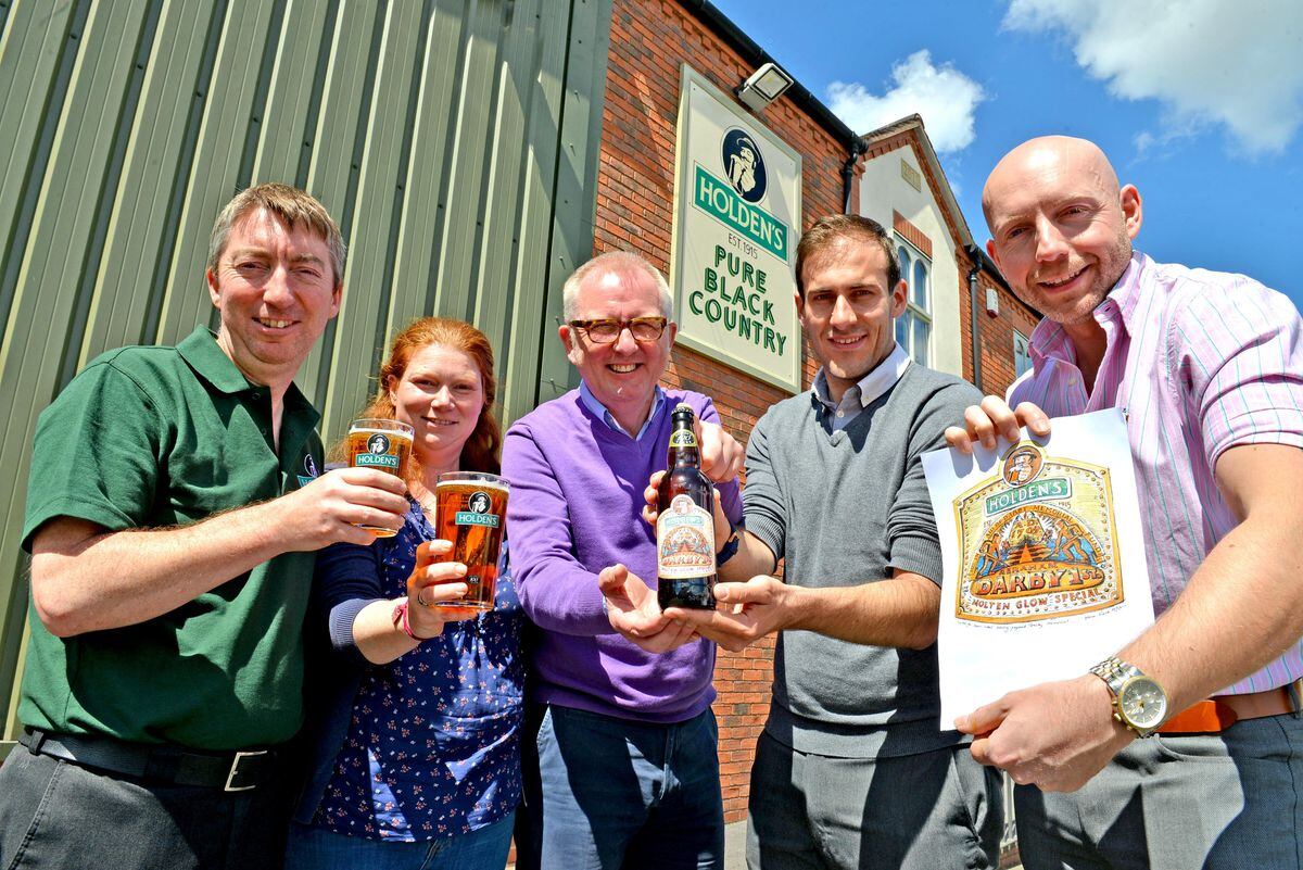 Managing Director Jonothan Holden, Director Abi Kemp, MP Ian Austin, Councillor Keiran Casey and Councillor Adam Aston as they launch the brand new Abraham Darby ale at Holdens Brewery