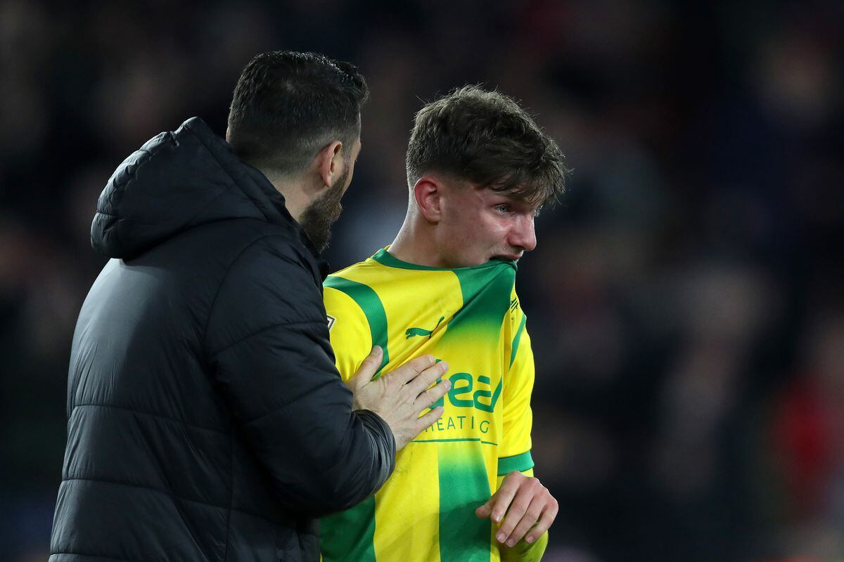 A tearful Taylor Gardner-Hickman is consoled by Albion coach Damia Abella after the midfielder's backpass led to the Blades' opener in th 2-0 midweek defeat (Photo by Adam Fradgley/West Bromwich Albion FC via Getty Images).