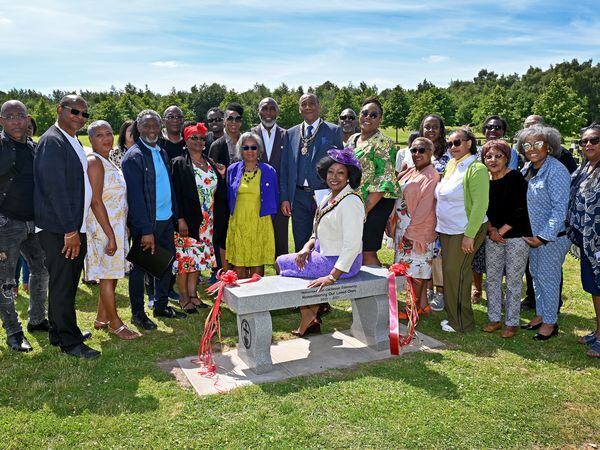 Mayor of Wolverhampton Sandra Samuels, officially unveils the memorial bench at Bushbury Crematorium 