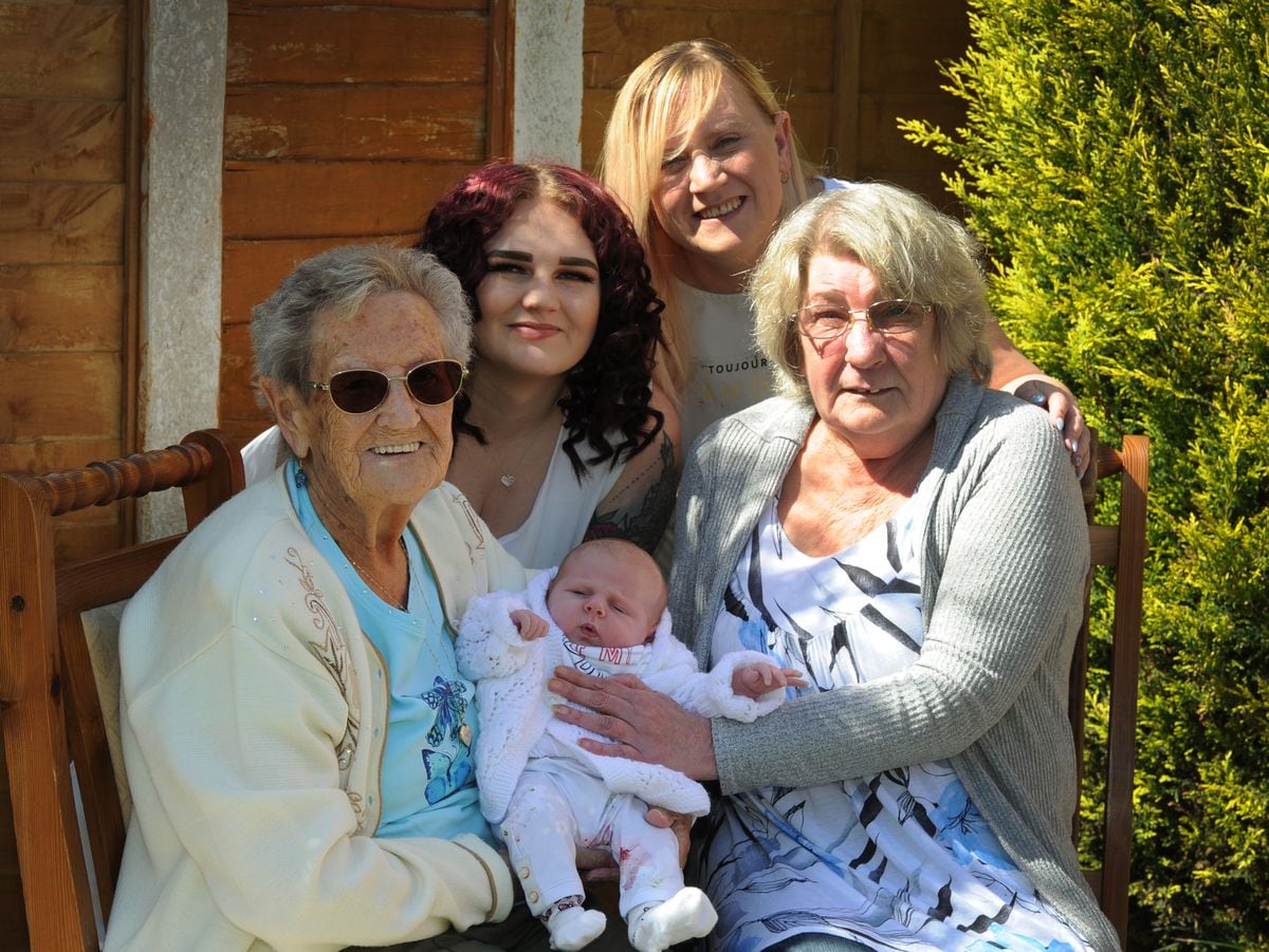 Five generations with the latest addition Harlee-Maie Clewley, aged 4 weeks, Eileen Wassall, aged 95, Olivia Read, aged 24, Elizabeth Mullin, aged 41, and Katie Lockley, aged 60
