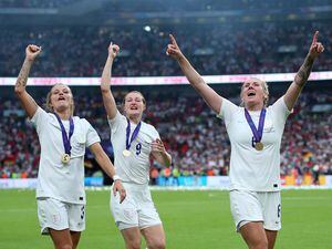England's Rachel Daly, Ellen White and Millie Bright celebrate winning the UEFA Women's Euro 2022 final 