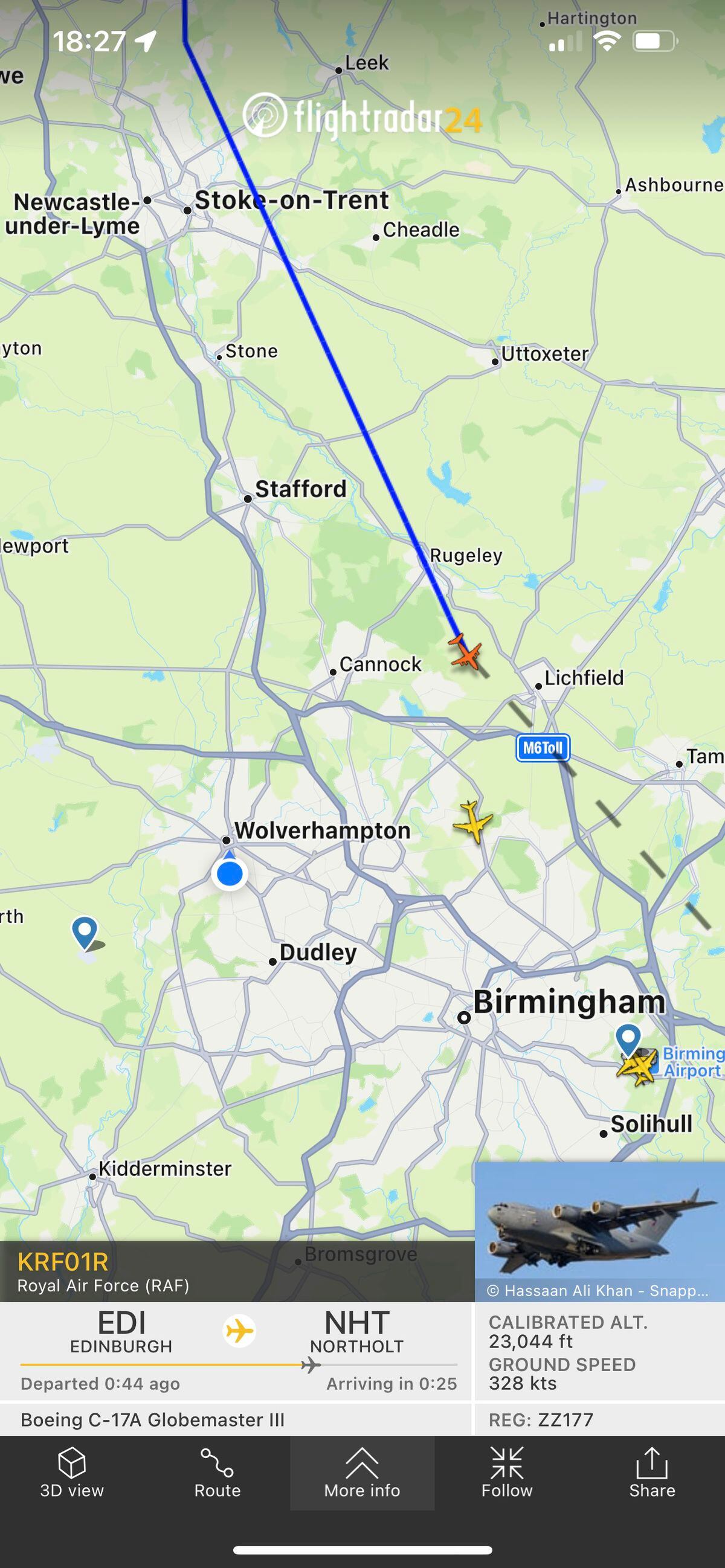 The aircraft flying over the region. Tracked on the Flightradar24 app