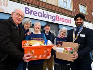 Mike Warner, Malcolm Johnson and president Jas Singh from the rotary club, with Lin Walford, June Williams and Joyce Turner from Breaking Bread 