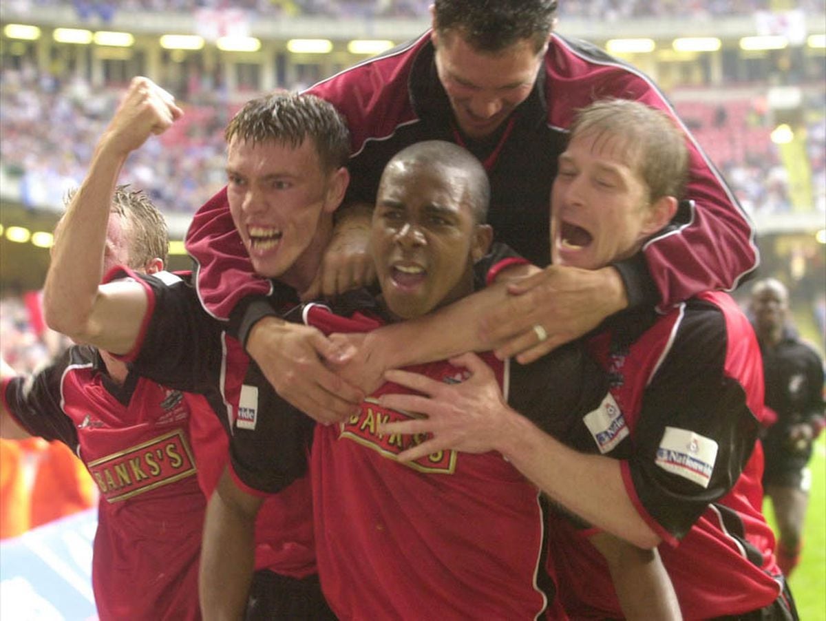 Walsall Chronicle 31 May 2001 Walsall v Reading at Cardiff  Darren Byfield celebrates his extra time winner with Matt Gadsby and Ian Brightwell 