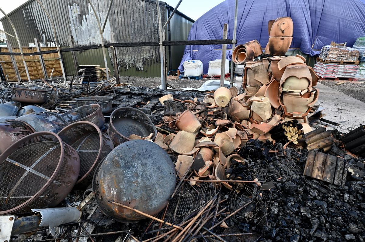 STAFFORD COPYRIGHT MNA MEDIA TIM THURSFIELD 31/03/22.The scene at Fletchers Garden Centre, Eccleshall, after poly tunnels caught fire next to the miniature railway..Thousands of pounds worth of stock destroyed..