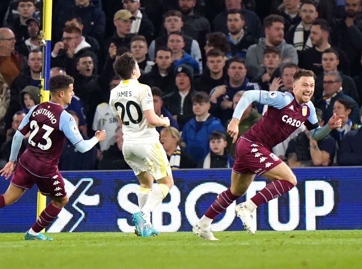 
              
Aston Villa's Matty Cash (right) celebrates scoring their side's second goal of the game during the Premier League match at Elland Road, Leeds. Picture date: Thursday March 10, 2022. PA Photo. See PA story SOCCER Leeds. Photo credit should read: Tim Goode/PA Wire.


RESTRICTIONS: EDITORIAL USE 
ONLY No use with unauthorised audio, video, data, fixture lists, club/league logos or "live" services. Online in-match use limited to 120 images, no video emulation. No use in betting, games or single club/league/player publications.
            
