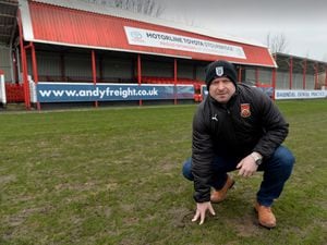  COPYRIGHT TIM STURGESS EXPRESS AND  STAR...... 15/01/2022  SPORT. Stourbridge v Guiseley in the FA Trophy fourth round. Match called off due to frozen pitch. Pictured club sec Clive Eades with the frozen pitch...