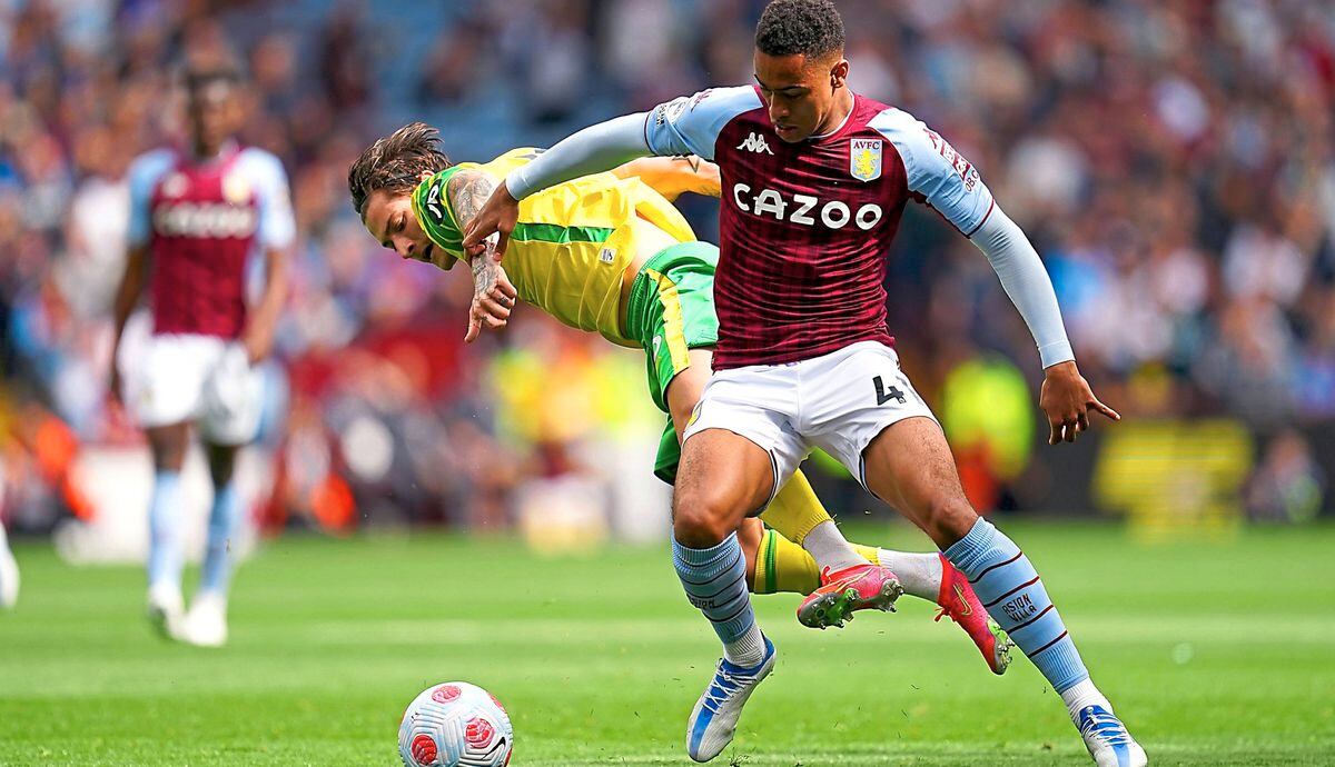 
              
Aston Villa's Jacob Ramsey (right) and Norwich City's Mathias Normann battle for the ball during the Premier League match at Villa Park, Birmingham. Picture date: Saturday April 30, 2022. PA Photo. See PA story SOCCER Villa. Photo credit should read: Nick Potts/PA Wire.


RESTRICTIONS: 
EDITORIAL USE ONLY No use with unauthorised audio, video, data, fixture lists, club/league logos or "live" services. Online in-match use limited to 120 images, no video emulation. No use in betting, games or single club/league/player publications.
            
