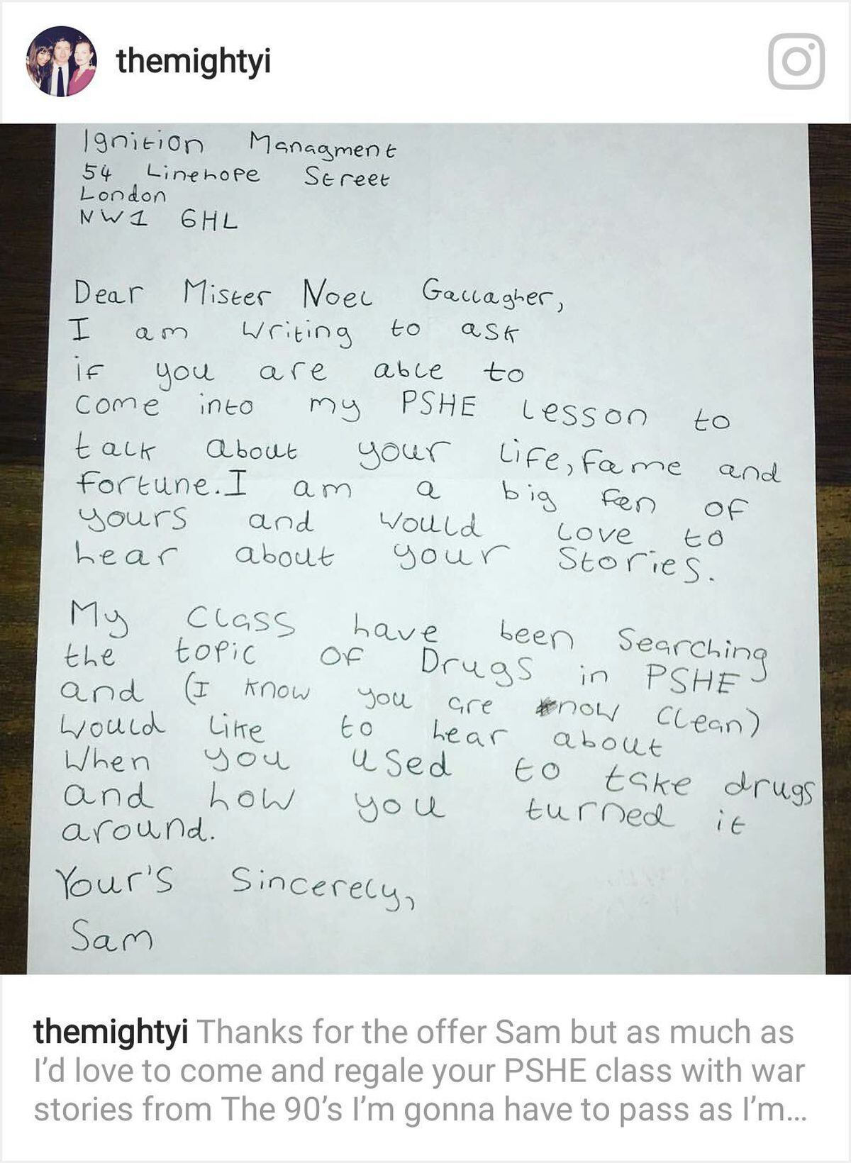 Sam's original letter to Noel. 