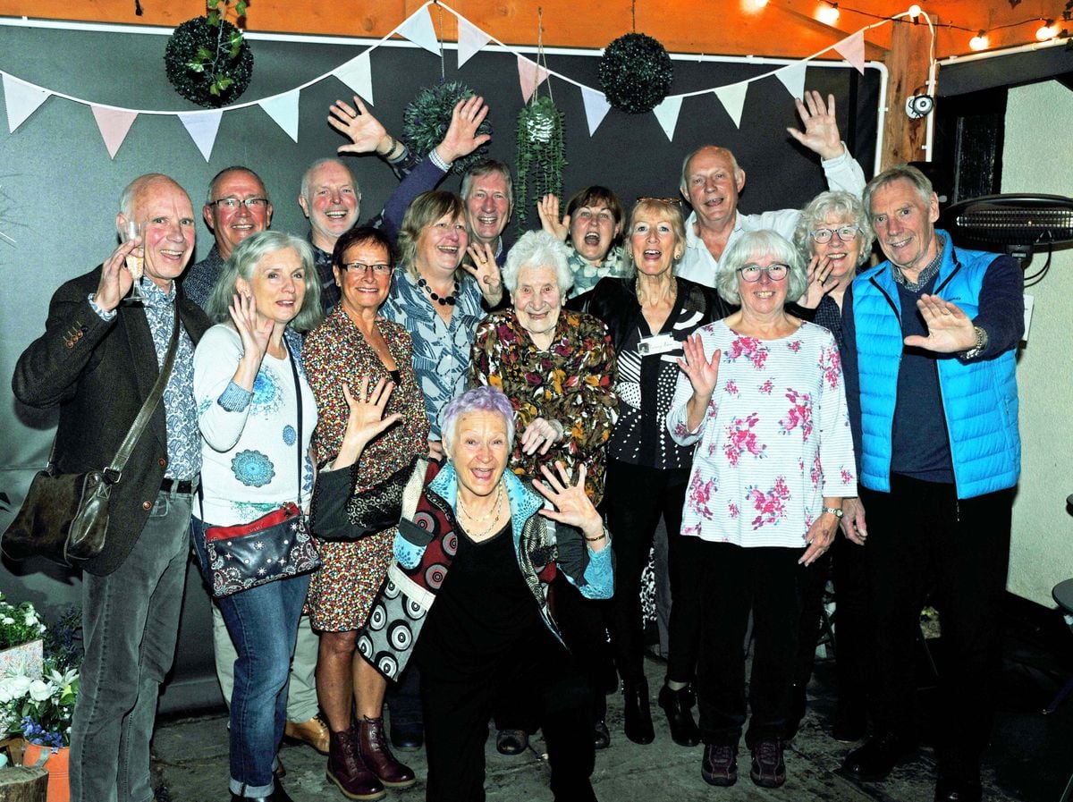 Former Brierley Hill Amateur Swimming Club members' reunion at Kinver: Back row – Mike Overton, Clive Davies, Peter Tomlinson, Chris Harris, Janet Harris Bell, Peter Tunnicliffe; Middle – Heather Aspinall, Lynn Davies, Ann SimondsBOTH COR (nee Udall), Betty Houchin, Rosie Harwood (nee Bowen), Sue Tunnicliffe, Elizabeth Smart, Ralph Pinder; Front – Kath Tunnicliffe.