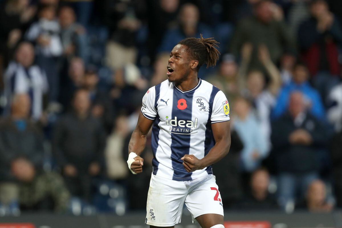 Brandon Thomas-Asante of West Bromwich Albion celebrates after scoring a goal to make it 2-0 during the Sky Bet Championship between West Bromwich Albion and Stoke City at The Hawthorns on November 12, 2022 in West Bromwich, United Kingdom. (Photo by Adam Fradgley/West Bromwich Albion FC via Getty Images).