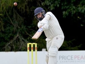 SPORT  COPYRIGHT TIM STURGESS EXPRESS AND  STAR...... 10/09/2022  South Staffs County League clash between Wolverhampton 2nds and Wombourne ( batting). Match starts at midday. Pictured, Nathan Howell , the ball that caught him out...