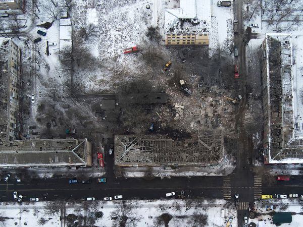 An aerial view of apartment buildings hit by Russian rockets in Kramatorsk, Ukraine
