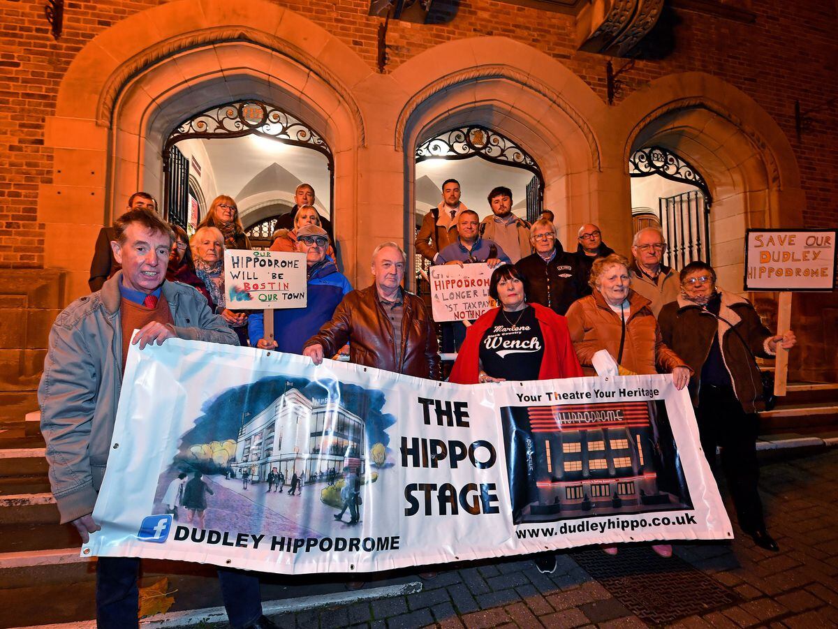 Protestors against the proposed demolition of Dudley Hippodrome gather at Dudley Town Hall before the meeting to determine the building's future