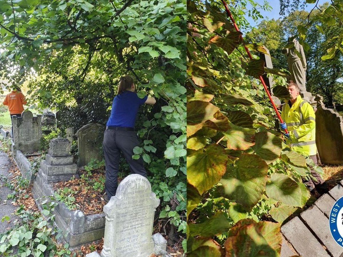Volunteers clearing up the churchyard, which had been littered with syringes and bottles. Photo: West Midlands Police.