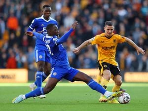 Daniel Podence of Wolverhampton Wanderers is challenged by Boubakary Soumare of Leicester City during the Premier League match between Wolverhampton Wanderers and Leicester City at Molineux on October 23, 2022 in Wolverhampton, England. (Photo by Jack Thomas - WWFC/Wolverhampton Wanderers FC via Getty Images).