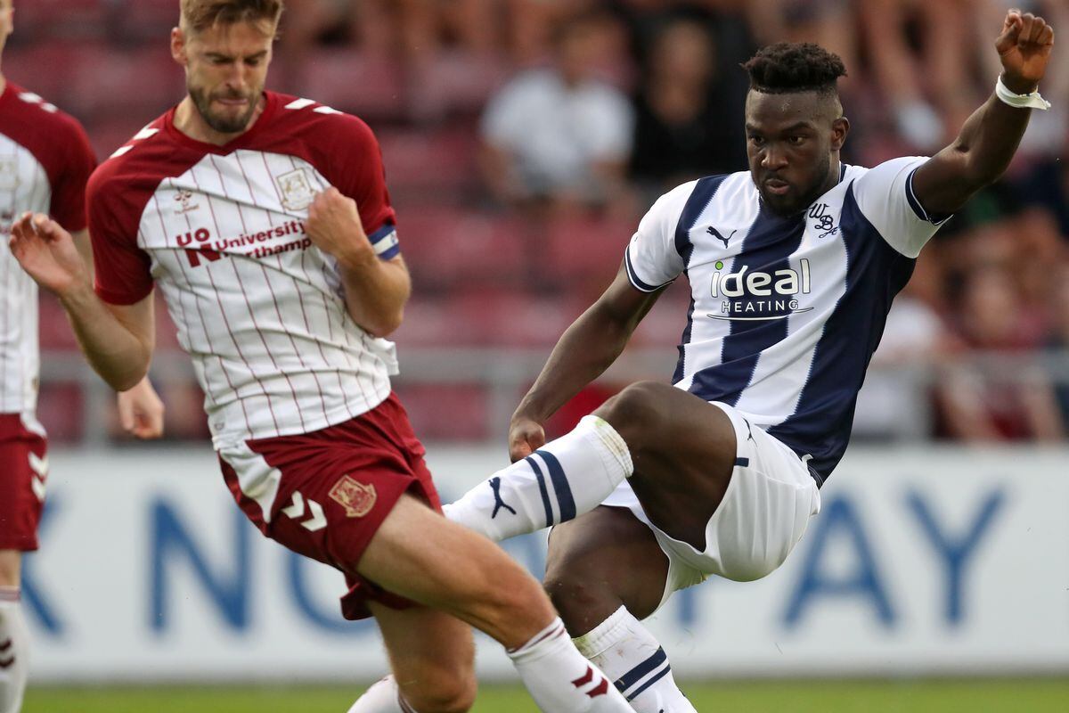 Daryl Dike of West Bromwich Albion scores to make it 0-1 at Sixfields on July 13, 2022 in Northampton, England. (Photo by Adam Fradgley/West Bromwich Albion FC via Getty Images).