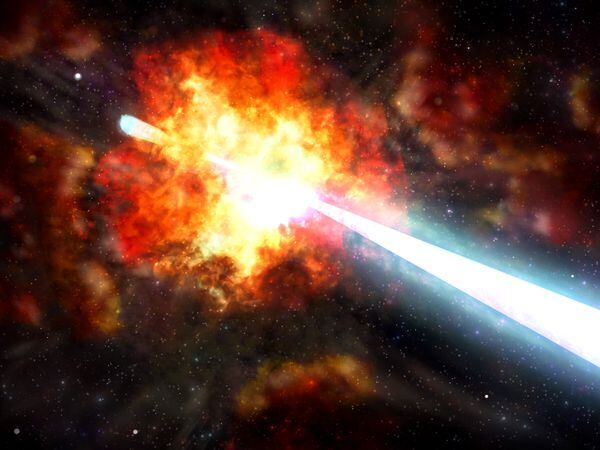 An artist's impression of a beam of intense radiation produced by a cosmic explosion thought to be the brightest of all time