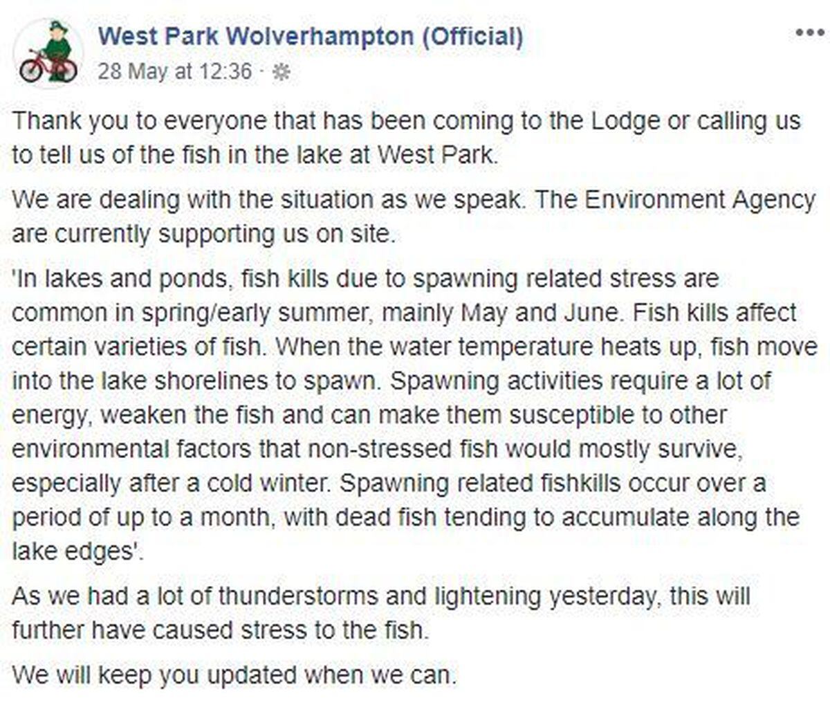 The post on the West Park Facebook page