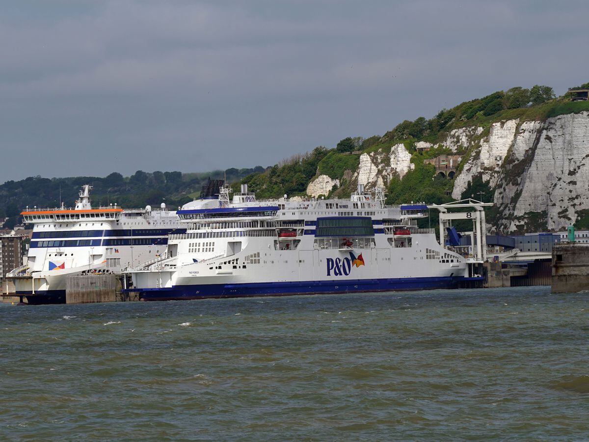 The P&O Fusion Class hybrid ferry P&O Pioneer berthed at the Port of Dover ferry port in Kent