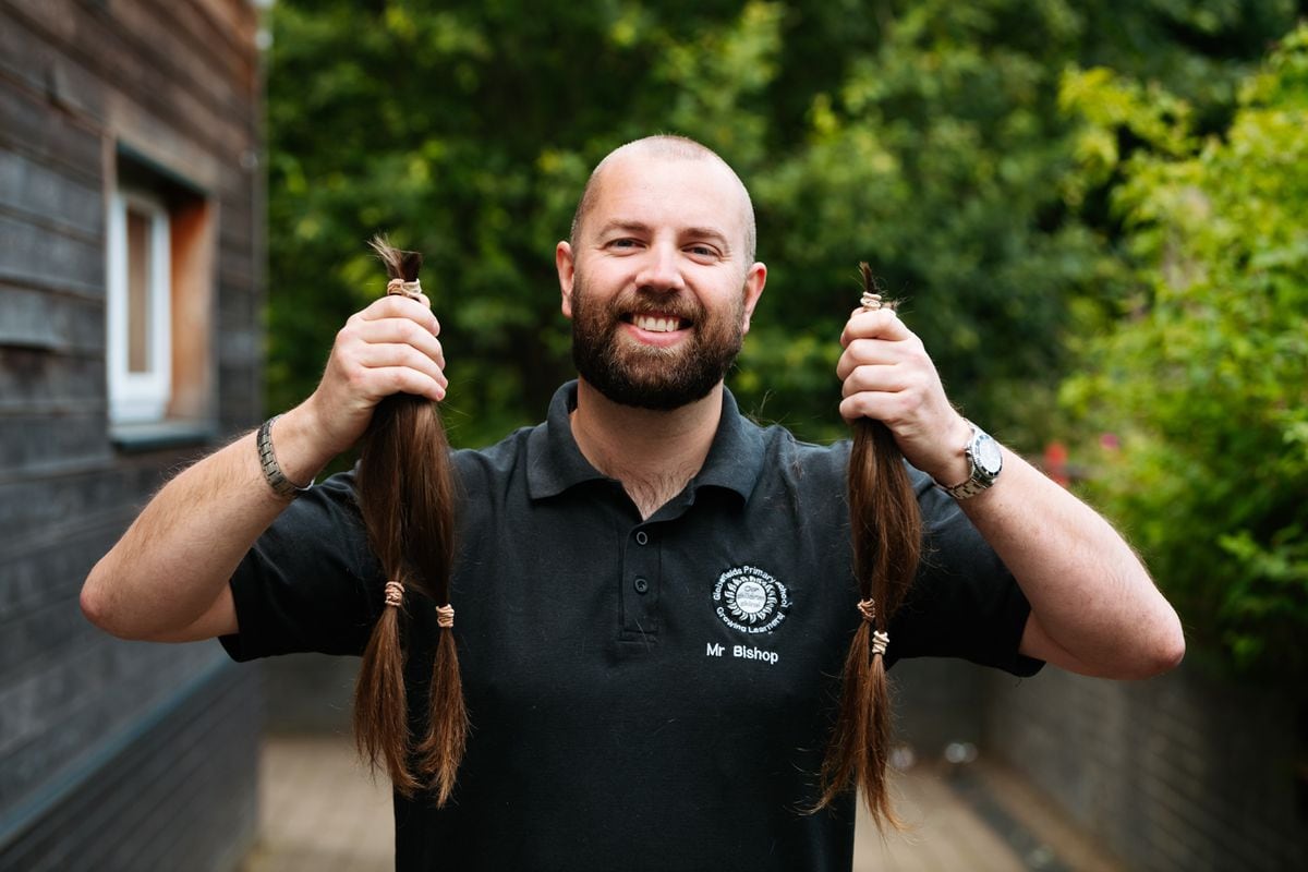 Teacher Jake Bishop has had his head shaved for charity and is donating his hair to the Little Princess Trust.
