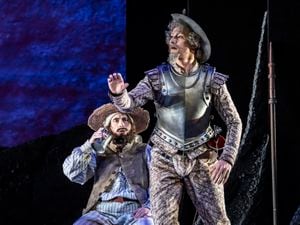 Kit Holder as Sancho Panza with Tom Rogers as Don Quixote. Photo: Johan Persson