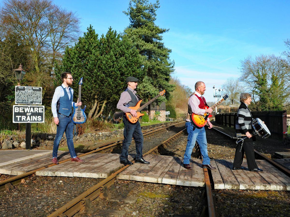 The Vibe recreating the famous Abbey Road record sleeve at the Severn Valley Railway's Hampton Loade crossing: Pete James, Rob Southall, John Perry and Chris Purcell