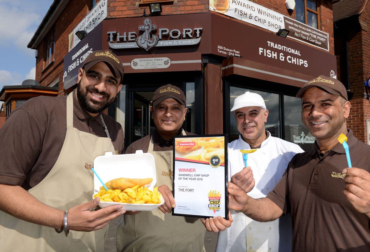 The Portway Fish & Chips in Tipton who have won the E&S chip shop for Sandwell. Outside the chippy Manny Dhariwal, Dal Dhariwal, Jal Dhariwal and Jow Dhairwal