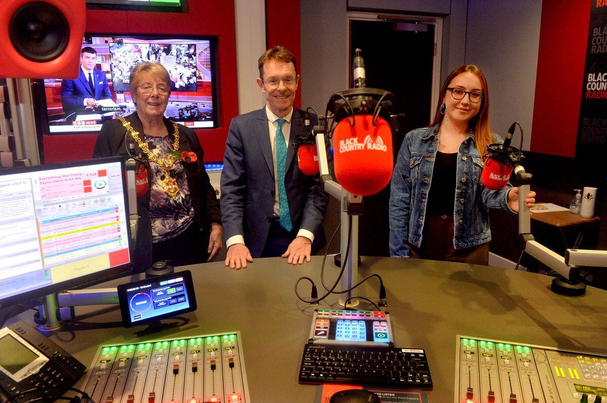 Dudley Mayor Sue Greenaway and West Midlands Mayor Andy Street pose with Hannah Udall inside one of the broadcast studios
