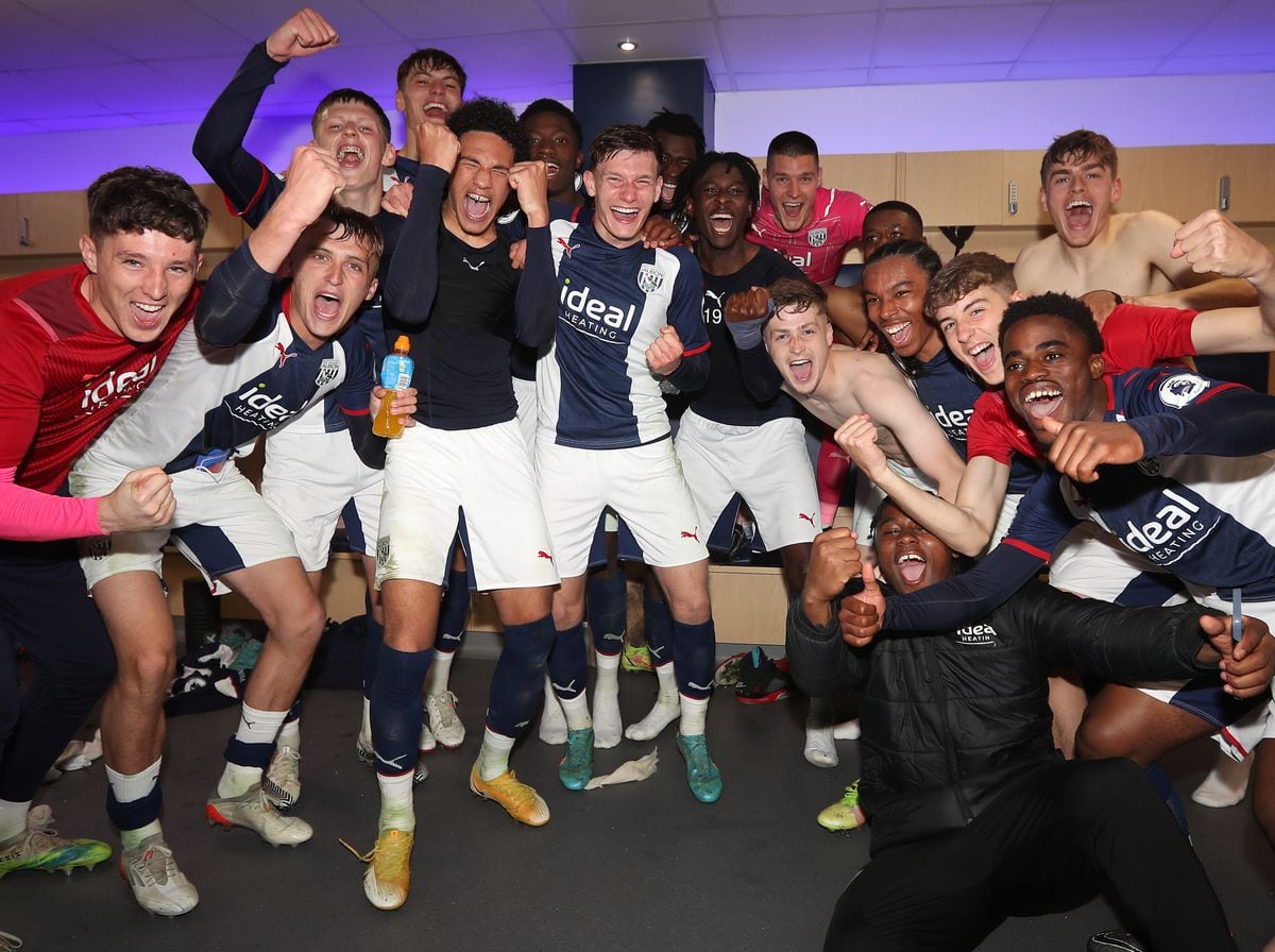 West Bromwich Albion players celebrate the semi final victory over Fulham 2-1 in the dressing room after the Premier League Cup / PL Cup at The Hawthorns on May 3, 2022 in West Bromwich, England. (Photo by Adam Fradgley/West Bromwich Albion FC via Getty Images)...