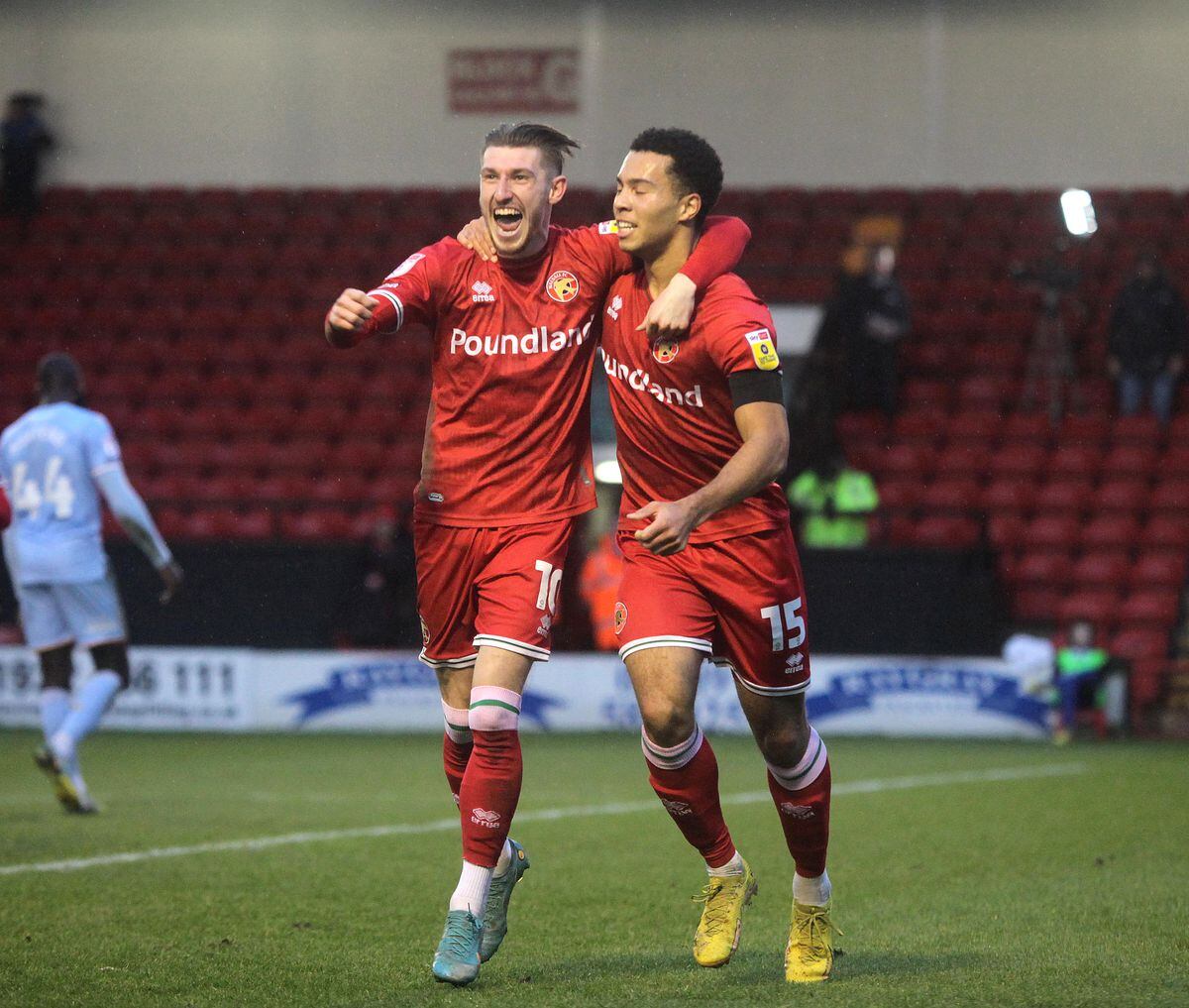 Walsall v Mansfield. Douglas James-Taylor  (R) celebrates his goal with Tom Knowles.