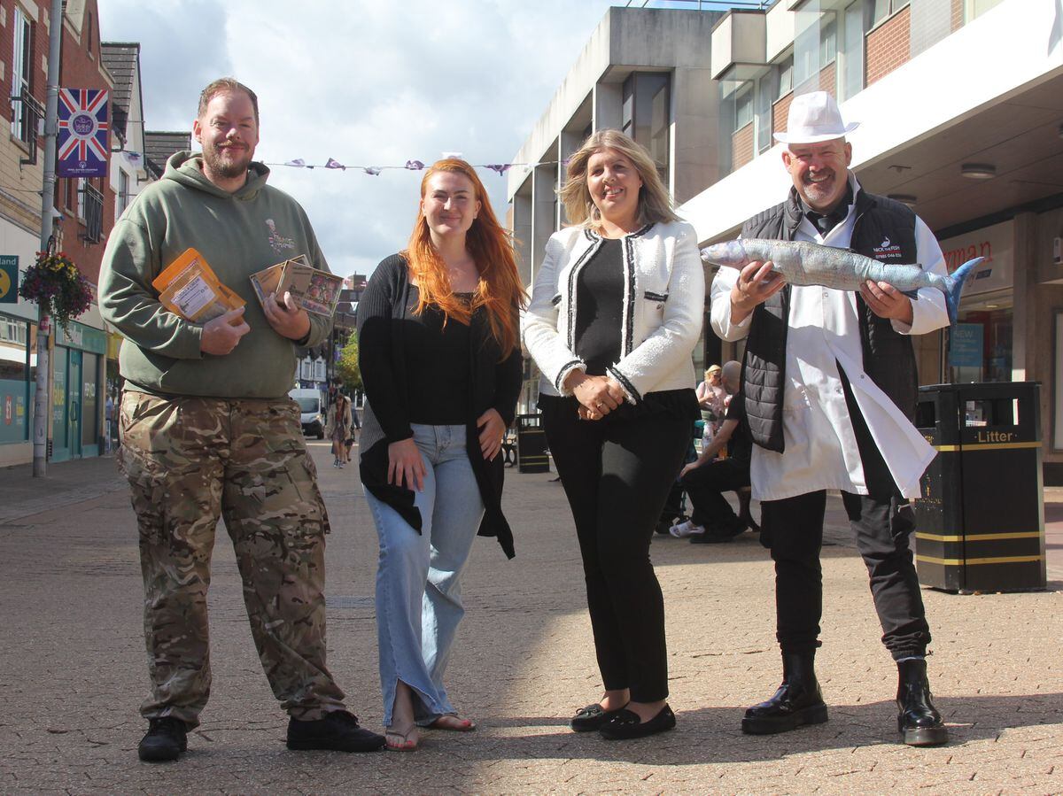 Liam Hall of the Military Chef, Milly Humphris of Cake-A-Daisy, Sutton Coldfield BID manager Michelle Baker and Nick Sutherland of Mick the Fish.