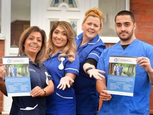 WOLVERHAMPTON PIC MNA PIC  DAVID HAMILTON PIC  EXPRESS AND STAR 5/11/21 Promoting a gala dinner, (Left-right) resgistered manager Ginny Lad, office manager Hemma Chopra, training manager Annette Rowley, and operations manager Akshay Mall, at Carers2u, Wolverhampton..
