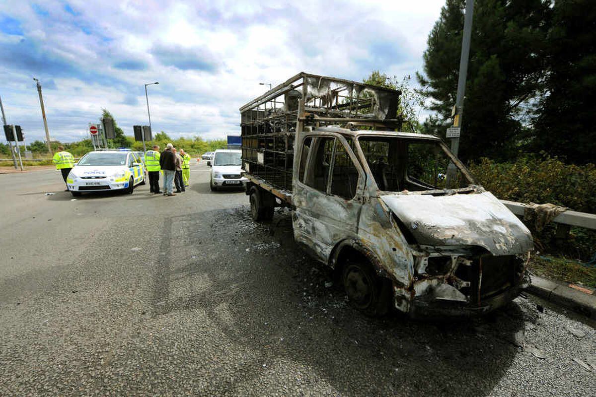 Racing pigeon van bursts into flames