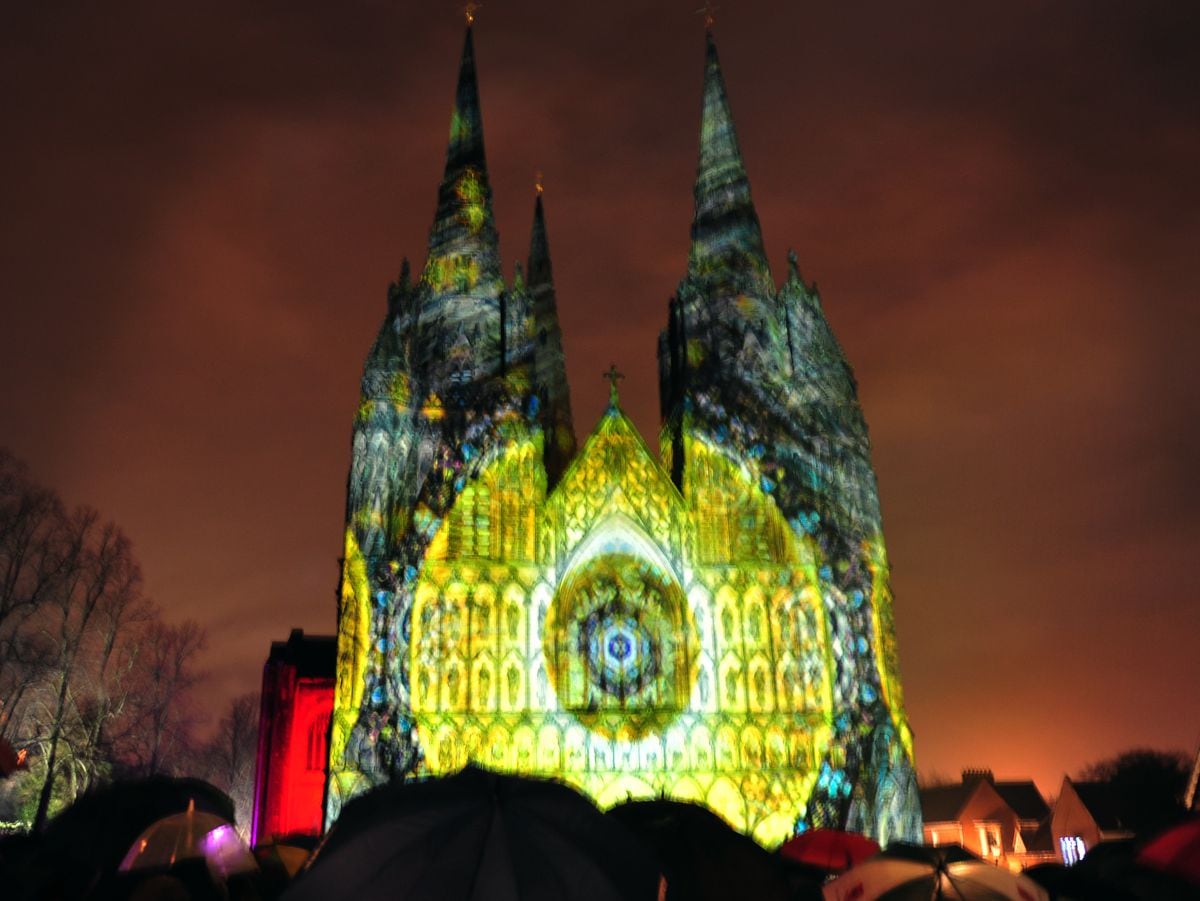 Lichfield Cathedral is illuminated during its 'Peace on Earth' light display created by resident artist, Peter Walker, and composer, David Harper, working in collaboration as Luxmuralis in Lichfield