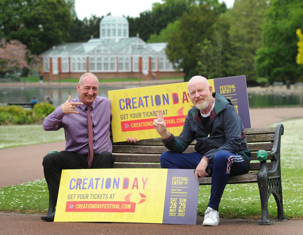 Alan McGee promoting Creation Day Festival 2022, with Councillor Steve Evans, who is flexing the devil horns.