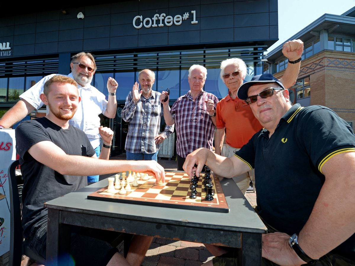 Kidderminster Chess Club members Joe Friar and John French (front) with Dave Close, Terry Pountney, John Whitehead and Maurice Bissell celebrating the 176th anniversary
