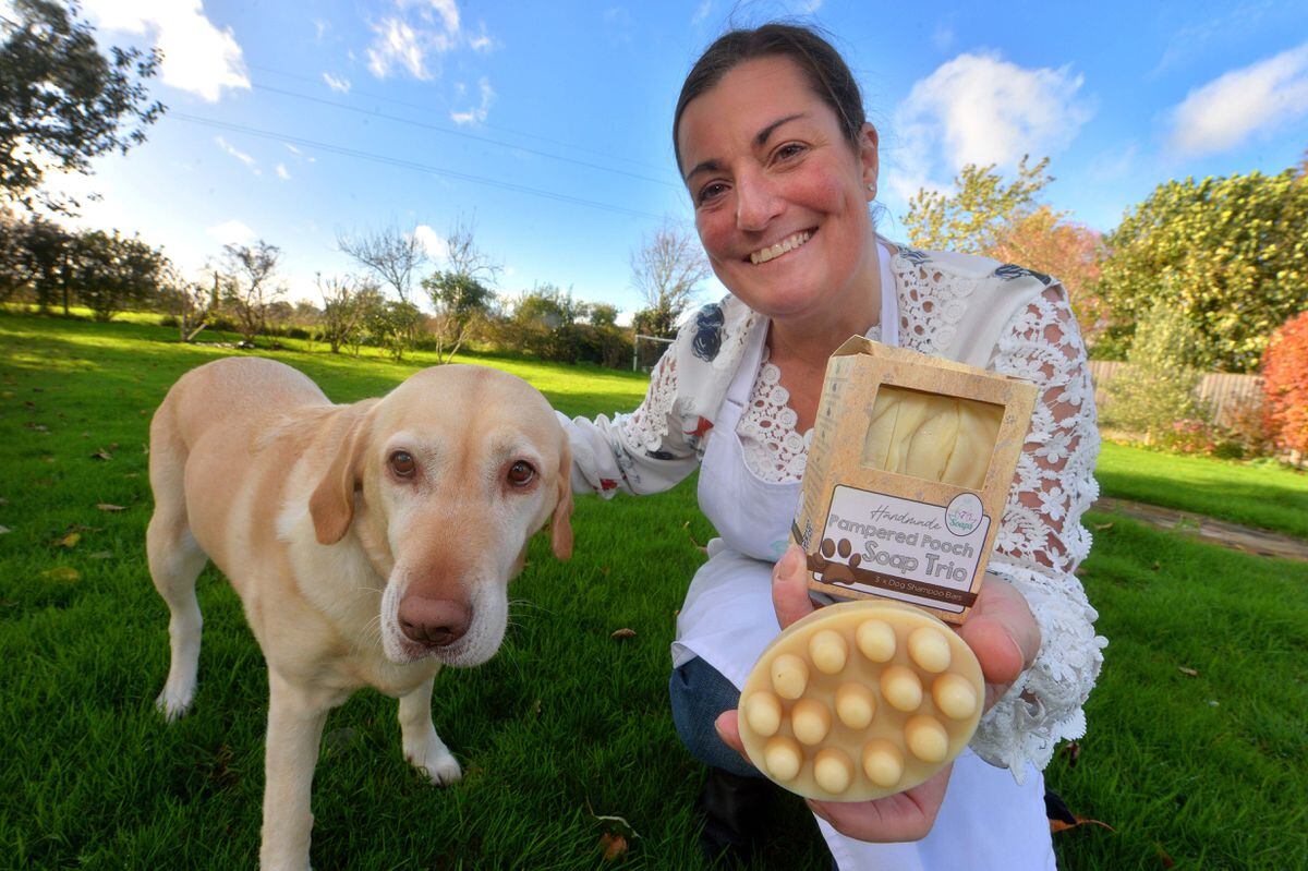 Karen Blanchfield with Soaps for Dogs and her dog Candy