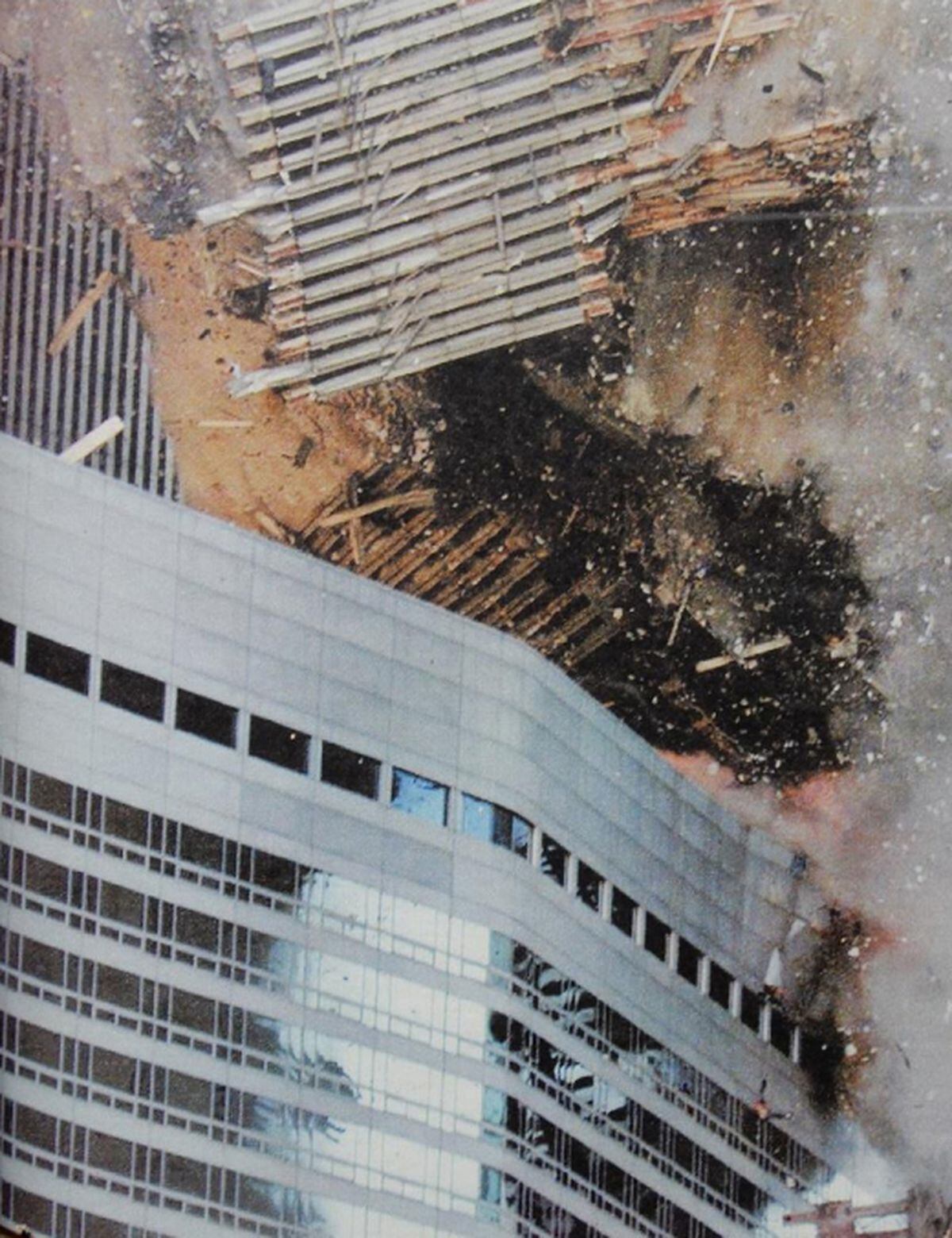 9.58am, September 11, 2001, and the South Tower collapses onto the Marriott Hotel – the top windows lit the rooftop swimming pool where Orleana Cattell had enjoyed one last swim before leaving New York not long beforehand.